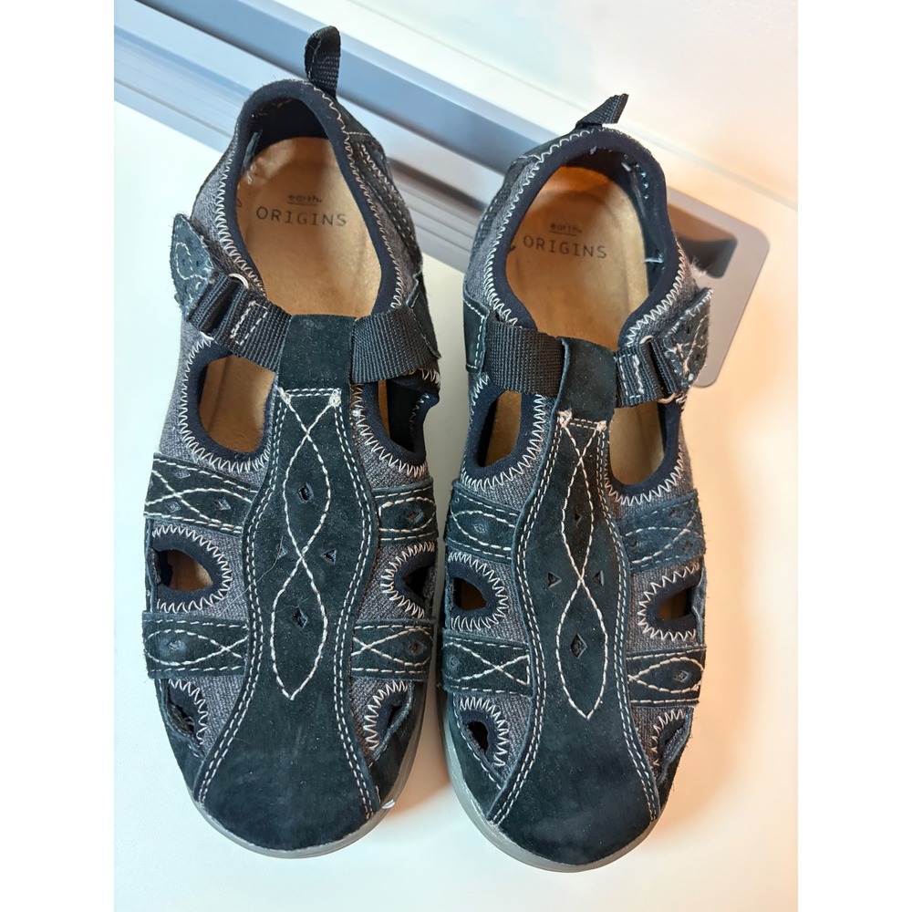 Earth Origins Effie Sandal Women 8 Black Suede Sporty Contrast Stitch Comfort